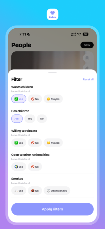 Rabta Islamic marriage app - smart filters for faith, lifestyle and family preferences