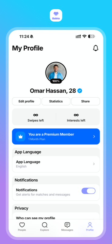 Rabta Muslim marriage app - profile, verification badge and premium membership