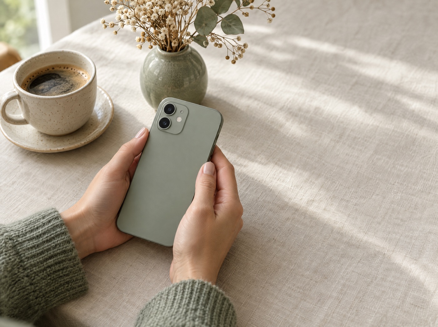 Hands holding a phone with the Rabta app