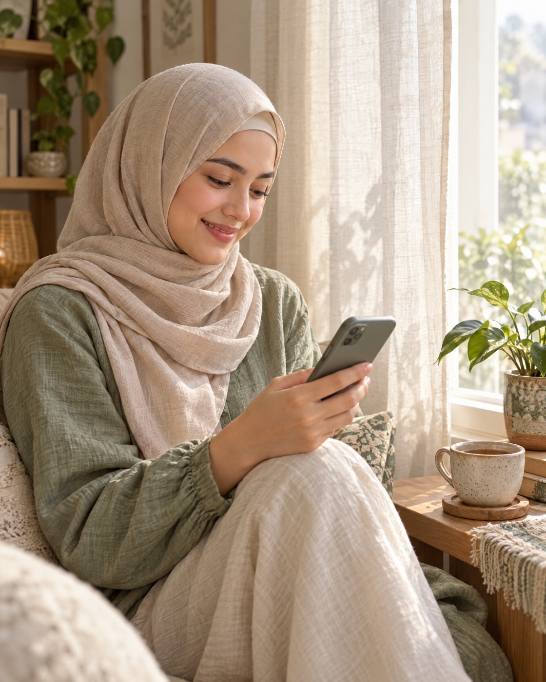 A woman in a headscarf smiling at her phone