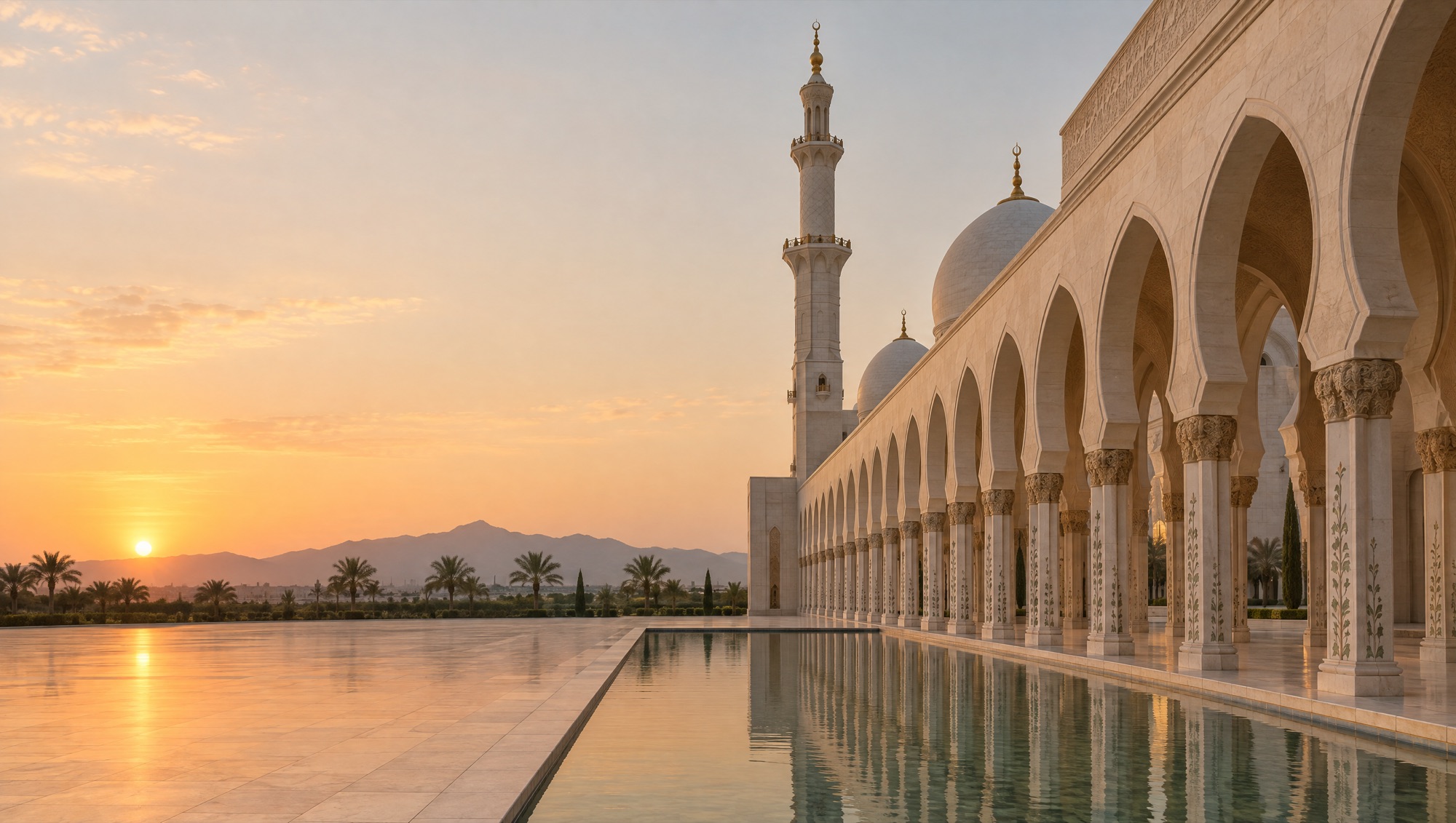Stone arches of a mosque courtyard at sunset